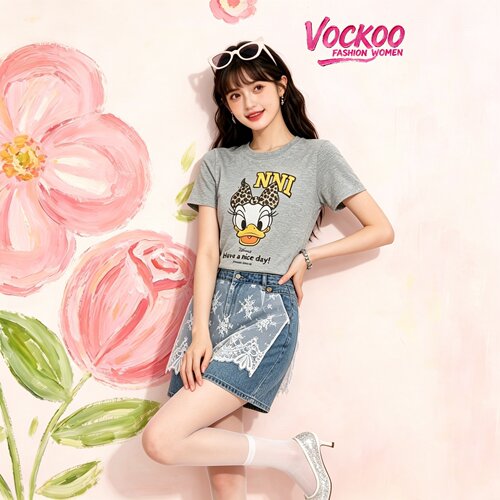 商场同款26夏Vockoo百搭时尚黛丝印花休闲棉质短袖T恤上衣04920T