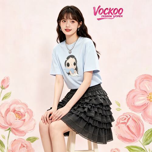 VOCKOO同款2026秋原纱宽松百搭时尚卡通简约棉质T恤短袖上衣女