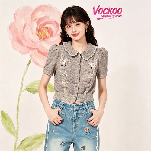 VOCKOO同款2026秋原纱优雅清新时尚珠饰荷叶领针织修身小上衣开衫