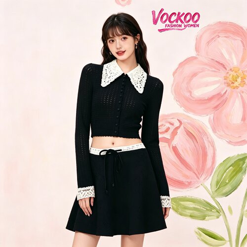 VOCKOO同款2026秋原纱秋显瘦优雅时尚宫廷风盘花领针织长袖上衣女