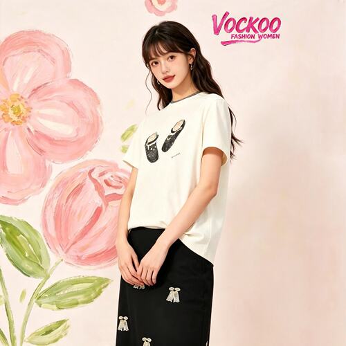 VOCKOO同款2026秋原纱宽松纯棉休闲宽松童趣绣花短袖T恤上衣女
