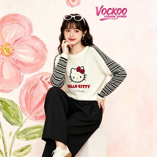 商场同款26春Vockoo百搭Kitty俏皮休闲正反两穿条纹毛衫10601329R