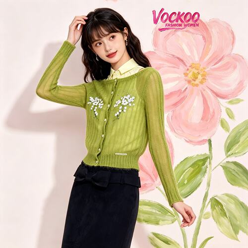 VOCKOO同款2026秋原纱时尚潮流优雅钉珠花朵装饰针织上衣针织开衫