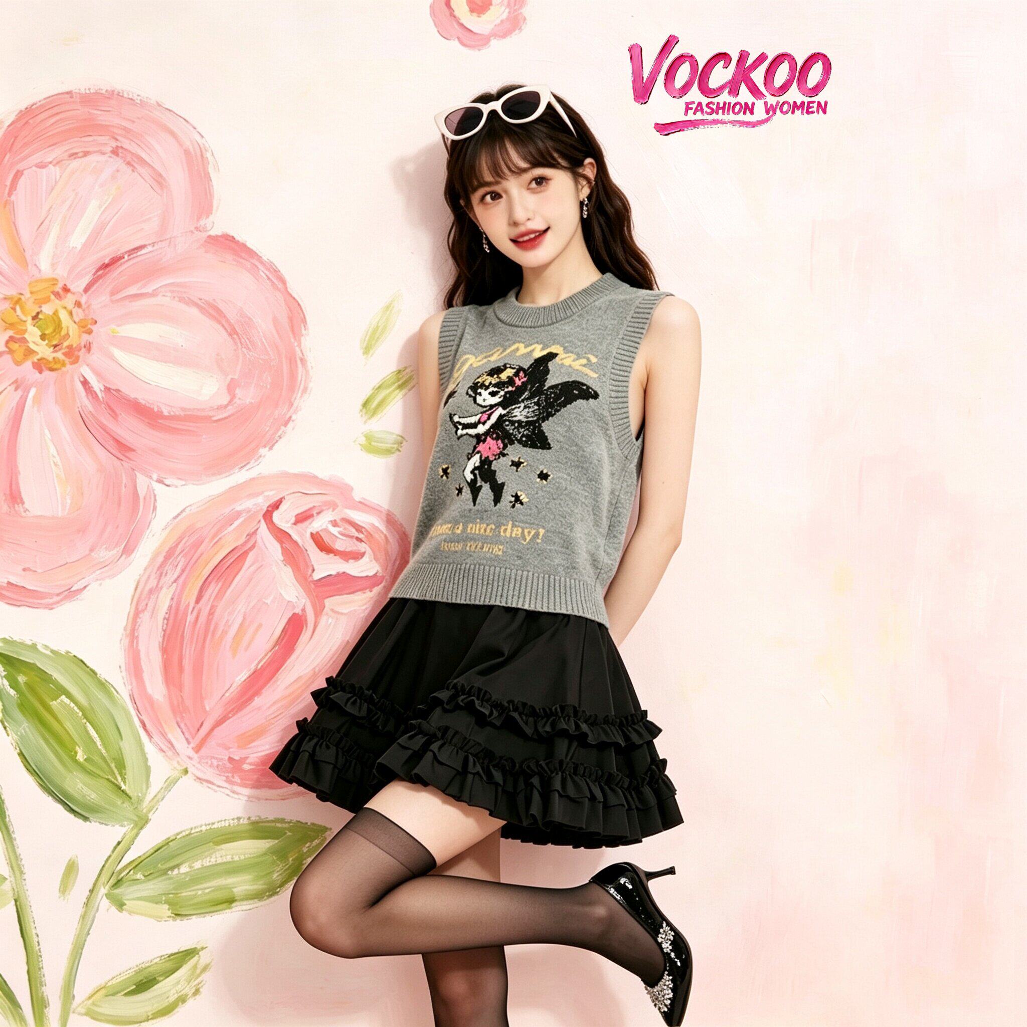 商场同款26夏Vockoo百搭时尚甜美精灵辣妹风针织背心马甲女69920Z