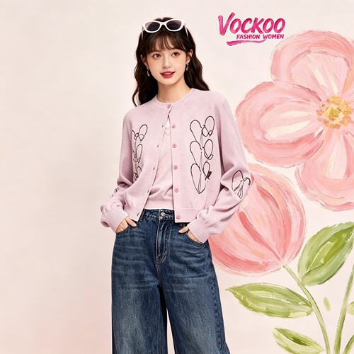 VOCKOO同款2026秋原纱时尚百搭合身刺绣珠片图案针织绣花开衫上衣