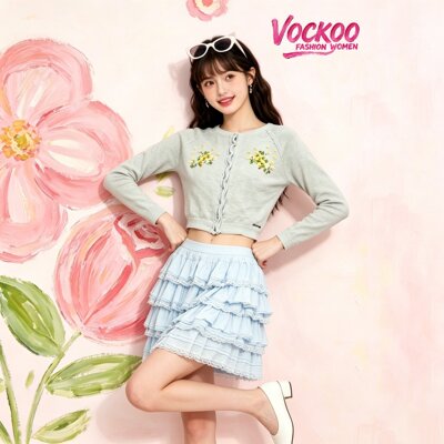 商场同款26夏Vockoo时尚优雅气质钉珠花针织开衫女装上衣DFTO23X