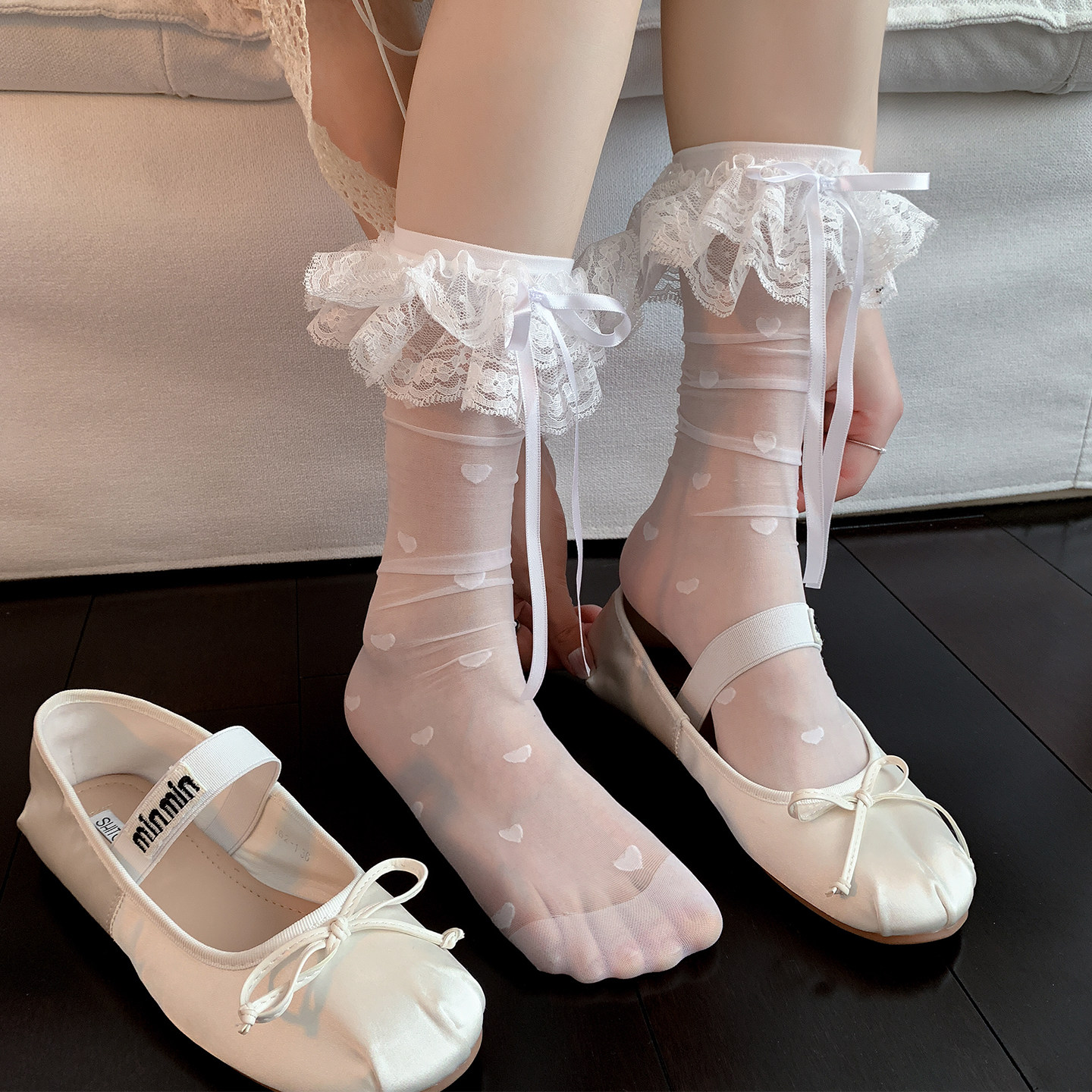花边蝴蝶结袜子女夏薄款堆堆袜子