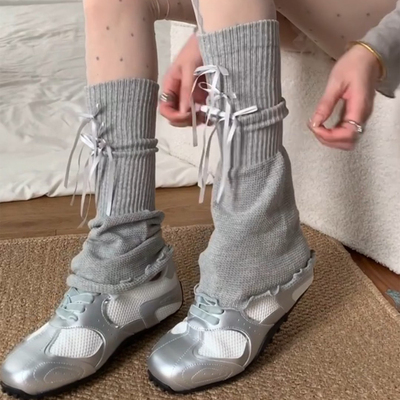 灰色袜套芭蕾风蝴蝶结堆堆袜miu