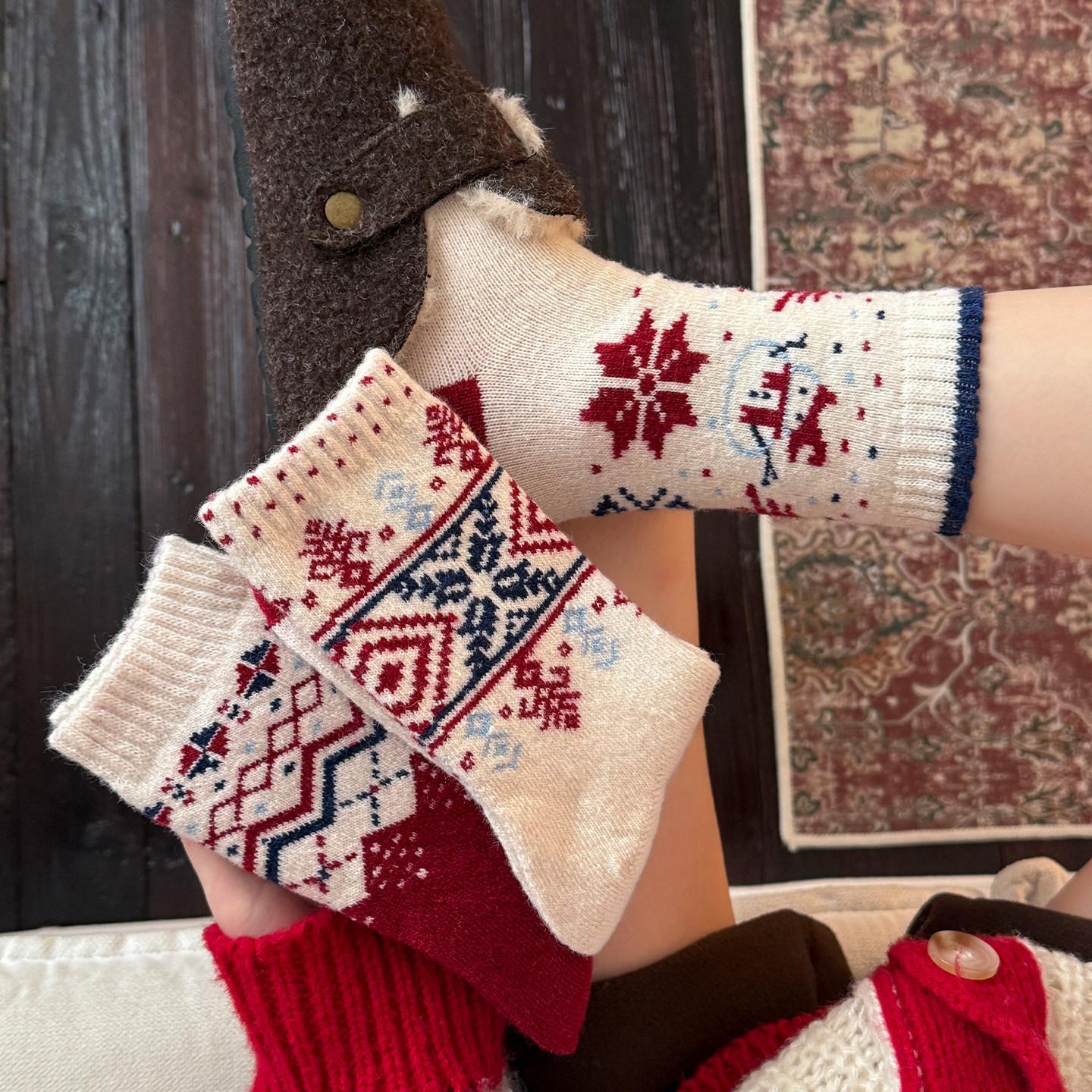 费尔岛袜子女款冬季本命年红袜子堆堆袜配勃肯鞋厚袜子保暖中筒袜,女士内衣/男士内衣/家居服,中筒袜,淘宝优惠券,粉丝福利购,淘宝优惠卷