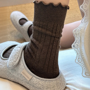 袜子女款 袜 秋美拉德色系袜子中筒袜堆堆袜子miu系木耳边袜勃肯鞋
