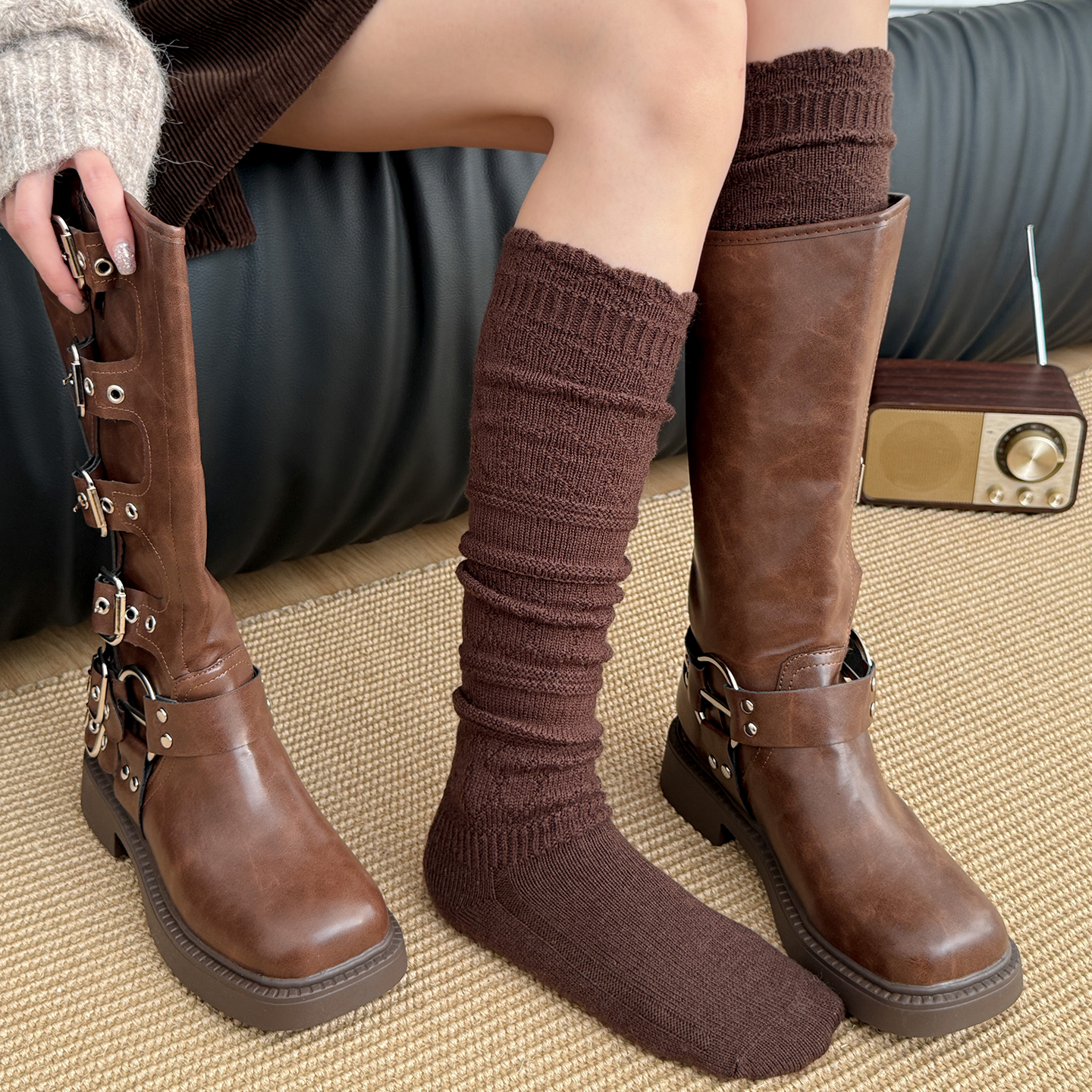 咖色小腿袜子女冬加厚保暖袜长筒