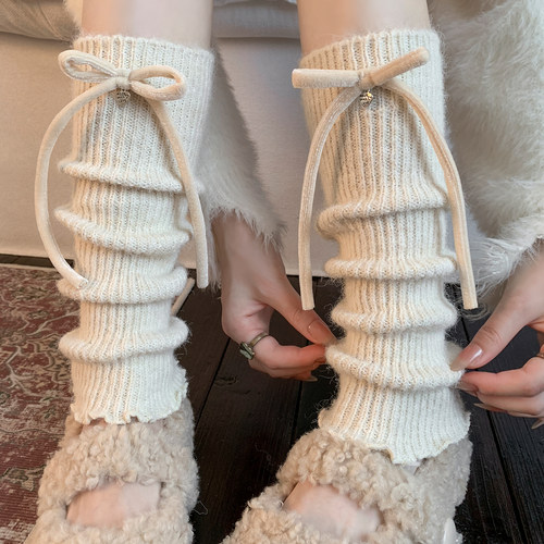 白色袜套冬加厚蝴蝶结袜子秋冬长