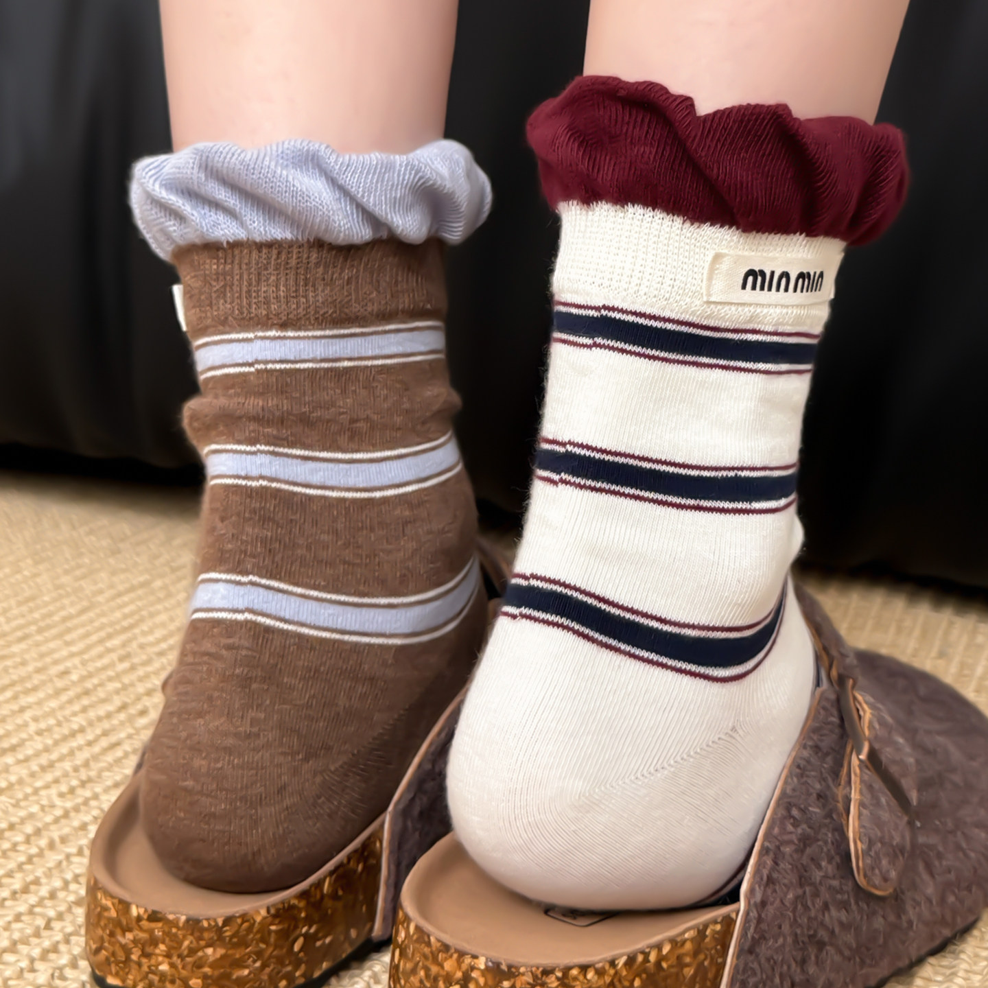 条纹袜子女秋冬堆堆袜白色中筒袜配勃肯鞋的袜子女款花边袜咖色袜,女士内衣/男士内衣/家居服,中筒袜,淘宝优惠券,粉丝福利购,淘宝优惠卷