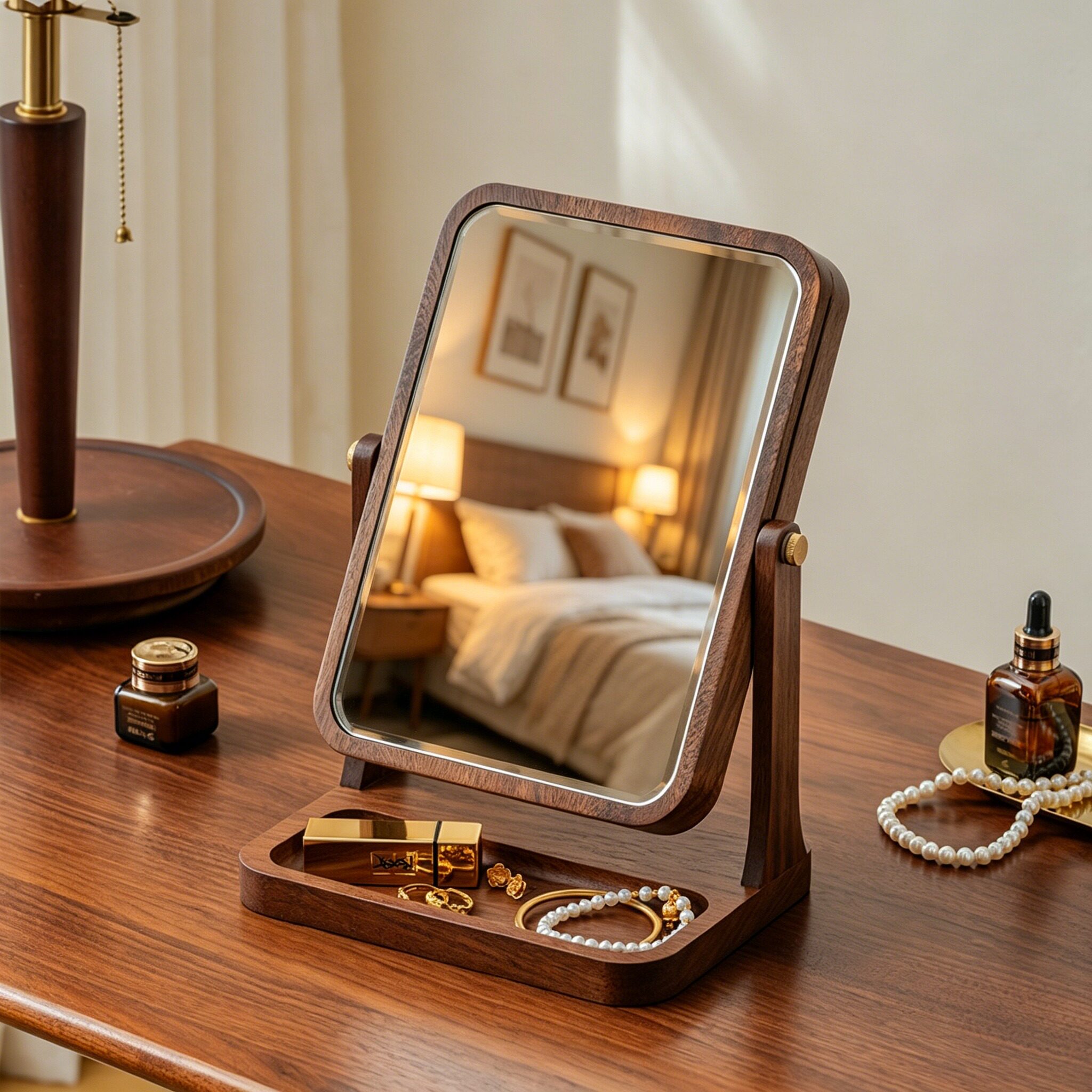 木雅轩实木化妆镜收纳复古胡桃木梳妆镜台式桌面旋转家用卧室镜子