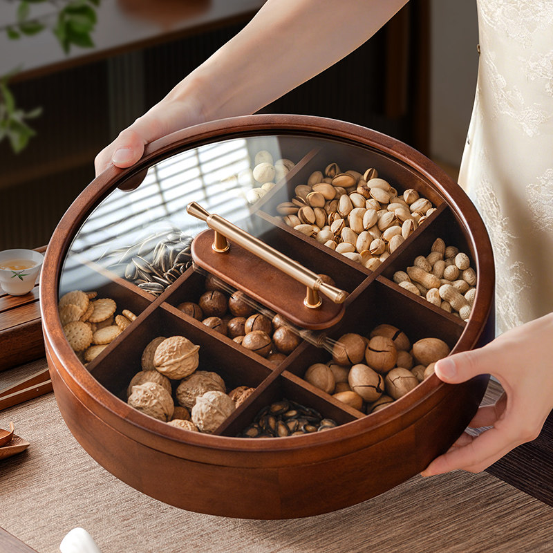 木质果盘旋转轻奢九宫格干果盘客厅家用茶几水果盘零食糖果盒新年