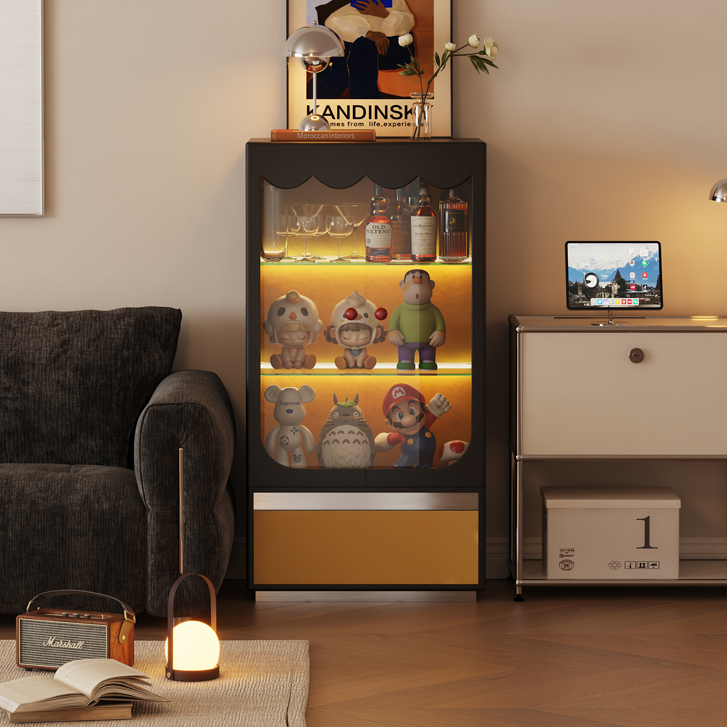 wotime塔塔展示柜客厅沙发边柜带灯手办柜家用防尘储物置物玻璃柜