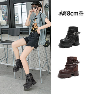 大筒围内增高堆堆靴女超火新款褶皱裤管骑士靴子棕色厚底短靴
