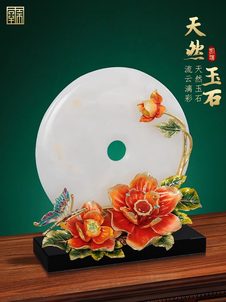 新中式珐琅彩天然玉石平安扣摆件客厅入户玄关家居装饰品乔迁礼物