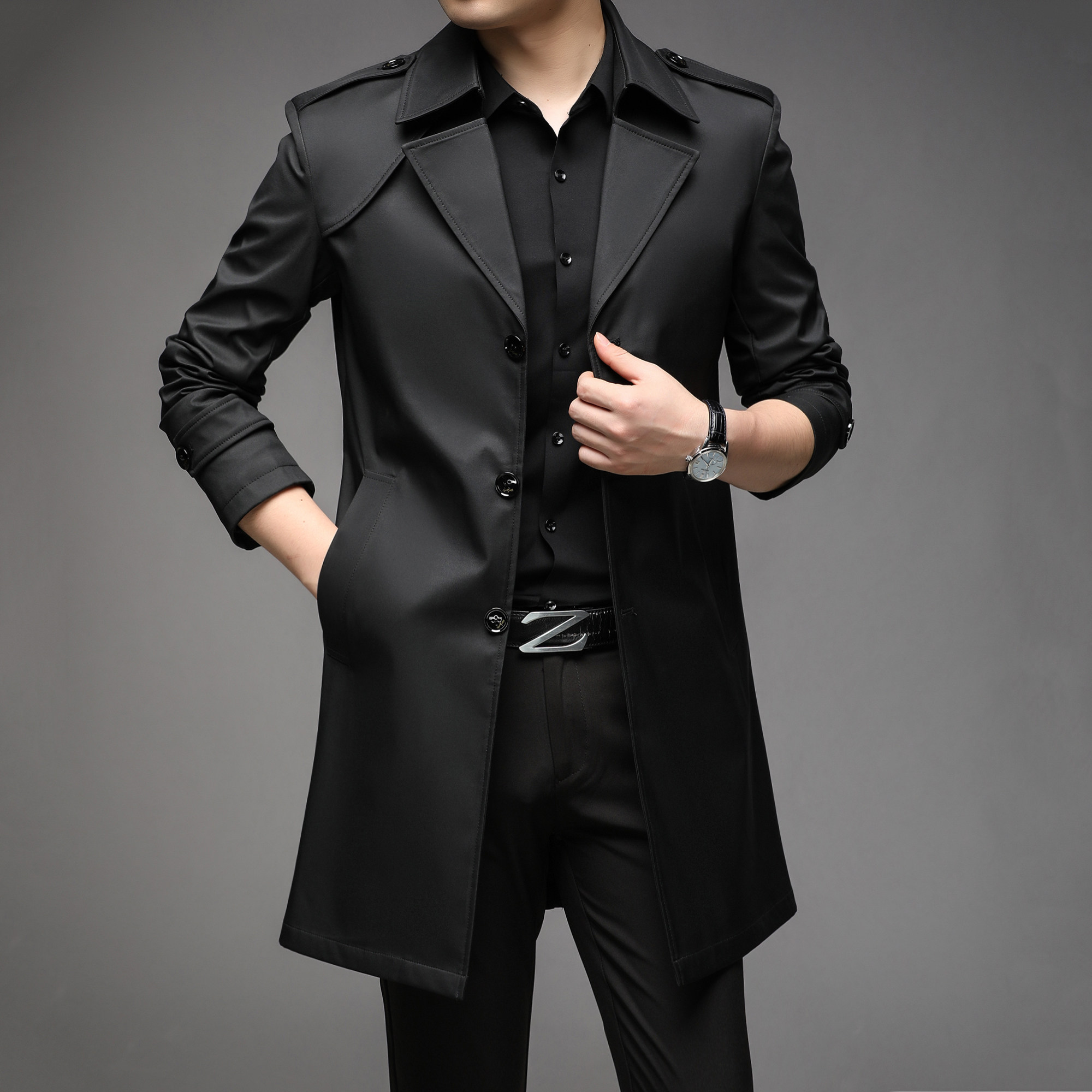 2024 NEW FALL WINTER MENS NEW TRENCH COAT LONG SLIM BUSINESS PLUS COTTON THICKENED LAPEL SLIT TIDE JACKET