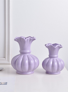 简约现代客厅手工插花装饰陶瓷花瓶家居装饰摆件白紫米黄色曲莲