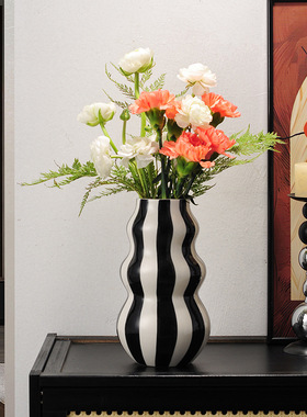 家居北欧复古陶瓷条纹花瓶摆件客厅插花装饰品高级感水培干花花器