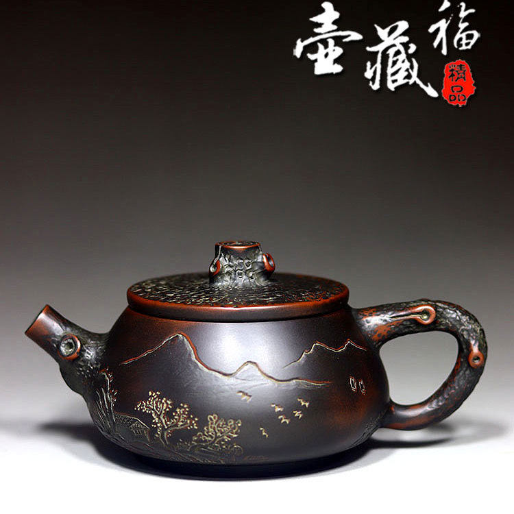 坭兴陶茶壶仿古壶名家大师卢纪祖纯手工刻绘家用茶具泡茶壶非紫砂
