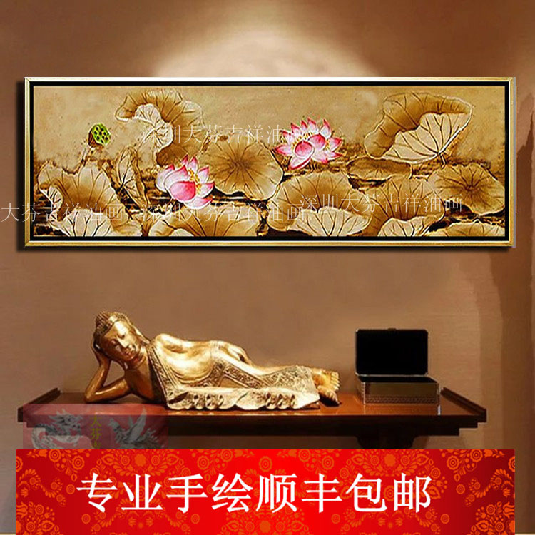 立体东南亚风格金箔荷花装饰画手绘有框别墅家居酒店会所壁画挂画图片