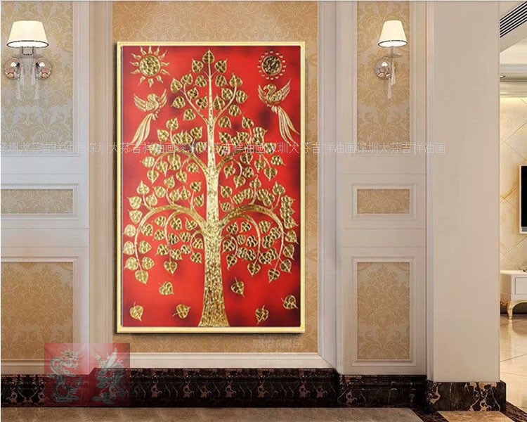 手绘东南亚装饰画金钱树泰式酒店家居红底金色吉祥菩提树幸福树图片