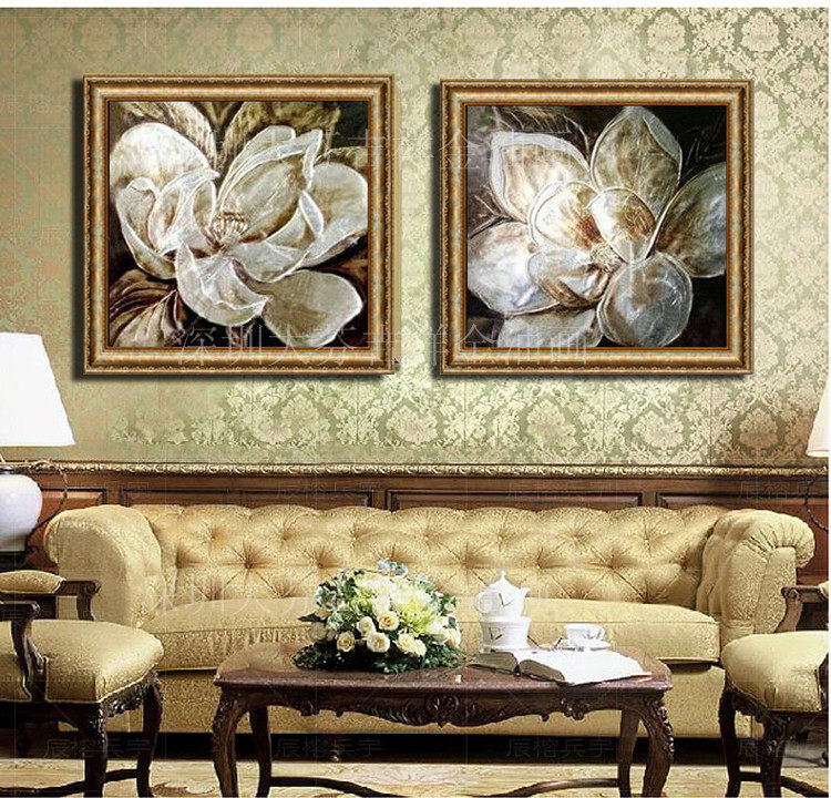 纯手绘东南亚泰式银色花装饰画风格有框画家居酒店会所玄关挂画