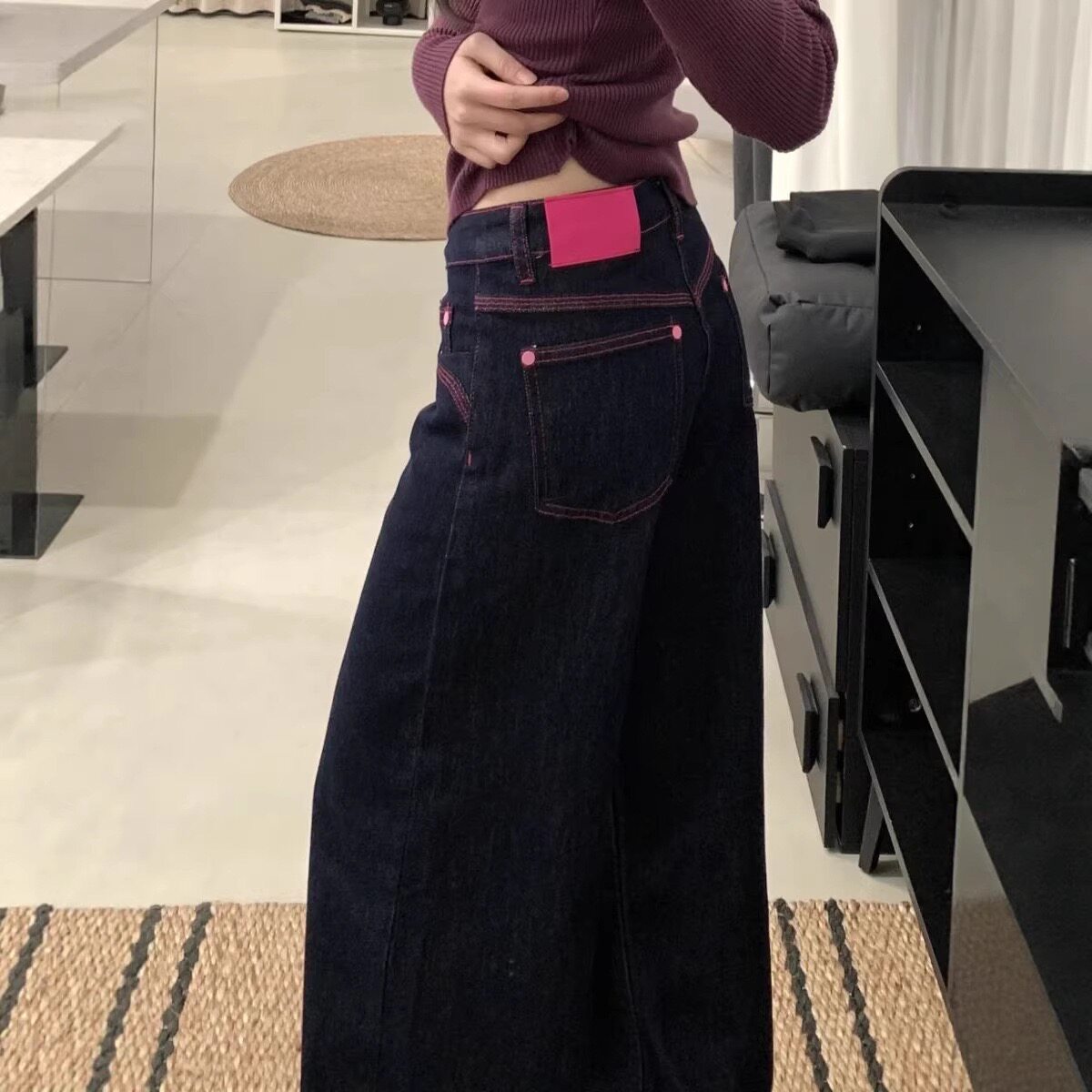 秋冬丹宁蓝高腰直筒牛仔裤女小个牛仔裤