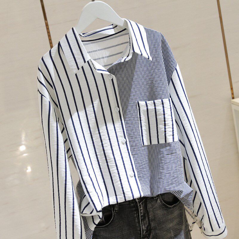 宽松拼接条纹长袖百搭衬衫女韩版复古衬衣春秋新款2020加大码上衣在类目 女装/女士精品, 衬衫中 - 来自Buy2taobao.com提供专业的淘宝代购服务