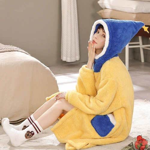 Коралловая бархатная демисезонная утепленная пижама с капюшоном, милый удерживающий тепло банный халат, 2021 года