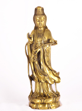 铜观音菩萨佛像摆件纯黄铜如意观音站像寺庙家居佛堂供奉装饰礼品