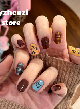 BYZHENZI STORE【哈吉咪】简笔小猫格子黄色跳指显白可爱美甲贴