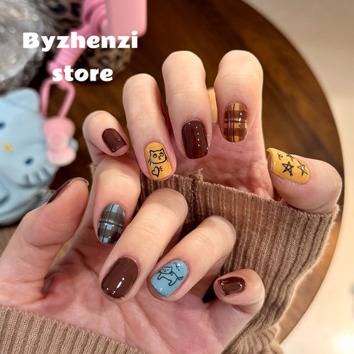 BYZHENZI STORE【哈吉咪】简笔小猫格子黄色跳指显白可爱美甲贴