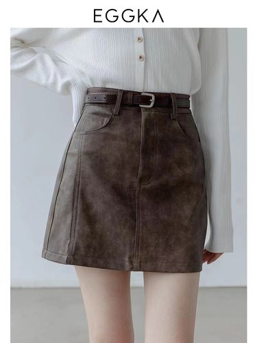 EGGKA复古晕染皮短裙女高腰秋季2024年新款小个子设计感半身裙子