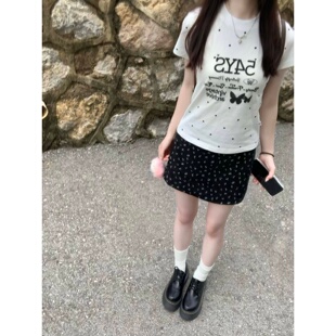 黑色复古碎花半身裙女夏季 高腰显瘦百搭带内衬A字短裙ins 2026新款