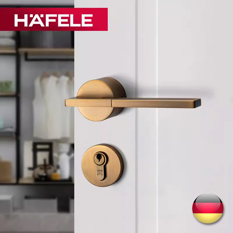 德国海福乐HAFELE卧室静音现代简约门锁北欧黄古铜美式房门锁把手