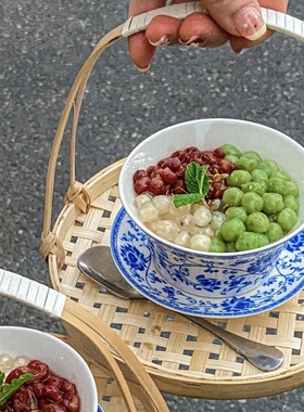 下午茶手提竹编篮子套装陶瓷甜品咖啡大号青花瓷莲花三才泡茶盖碗