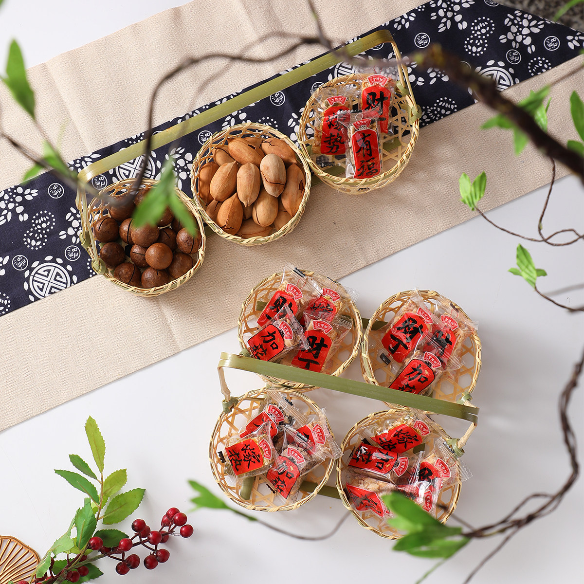 中式点心一提4篮3篮一体连体竹盘婚庆点心篮子插道点心手工竹编篮