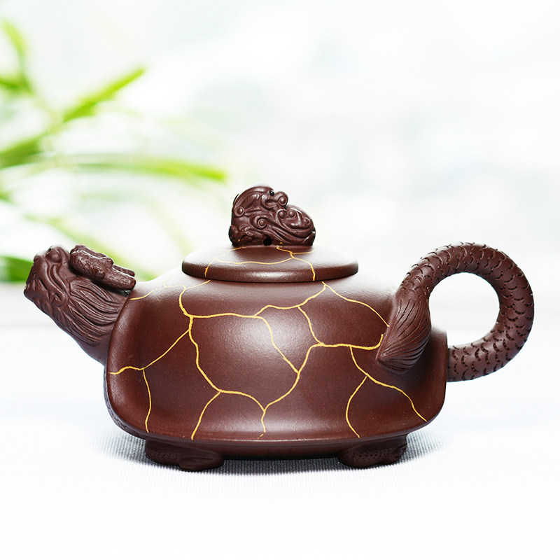 祁地紫砂茶具正宗宜兴紫砂壶名家手工纯原矿老紫泥冰纹龟龙长寿壶
