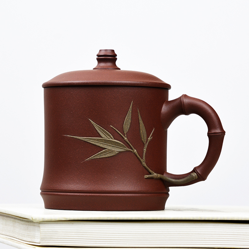 祁地宜兴紫砂杯盖杯茶杯办公杯精品双色底槽清泡茶纯全手工竹杯