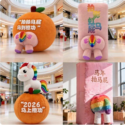马年拍马屁场景布置成品装饰仿真绿雕工艺品订制商场网红打卡