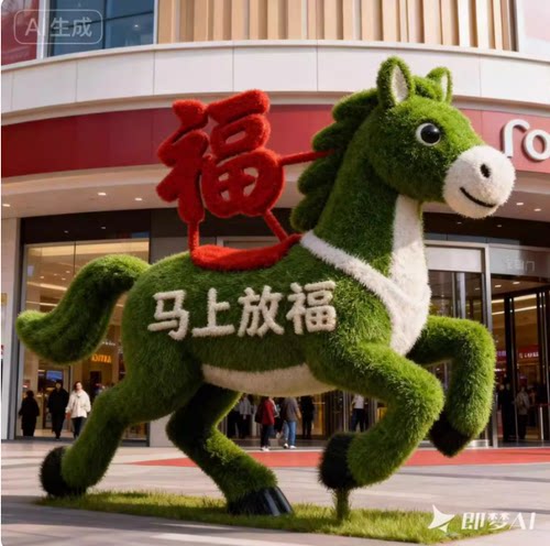 马年拍马屁场景布置成品装饰仿真绿雕工艺品订制商场网红打卡