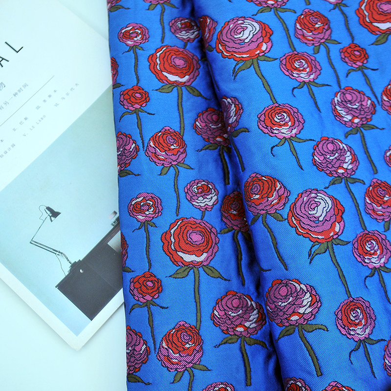 复古玫瑰ins新款田园风提花花卉蓝色DIY手工材料布料服装服饰面料