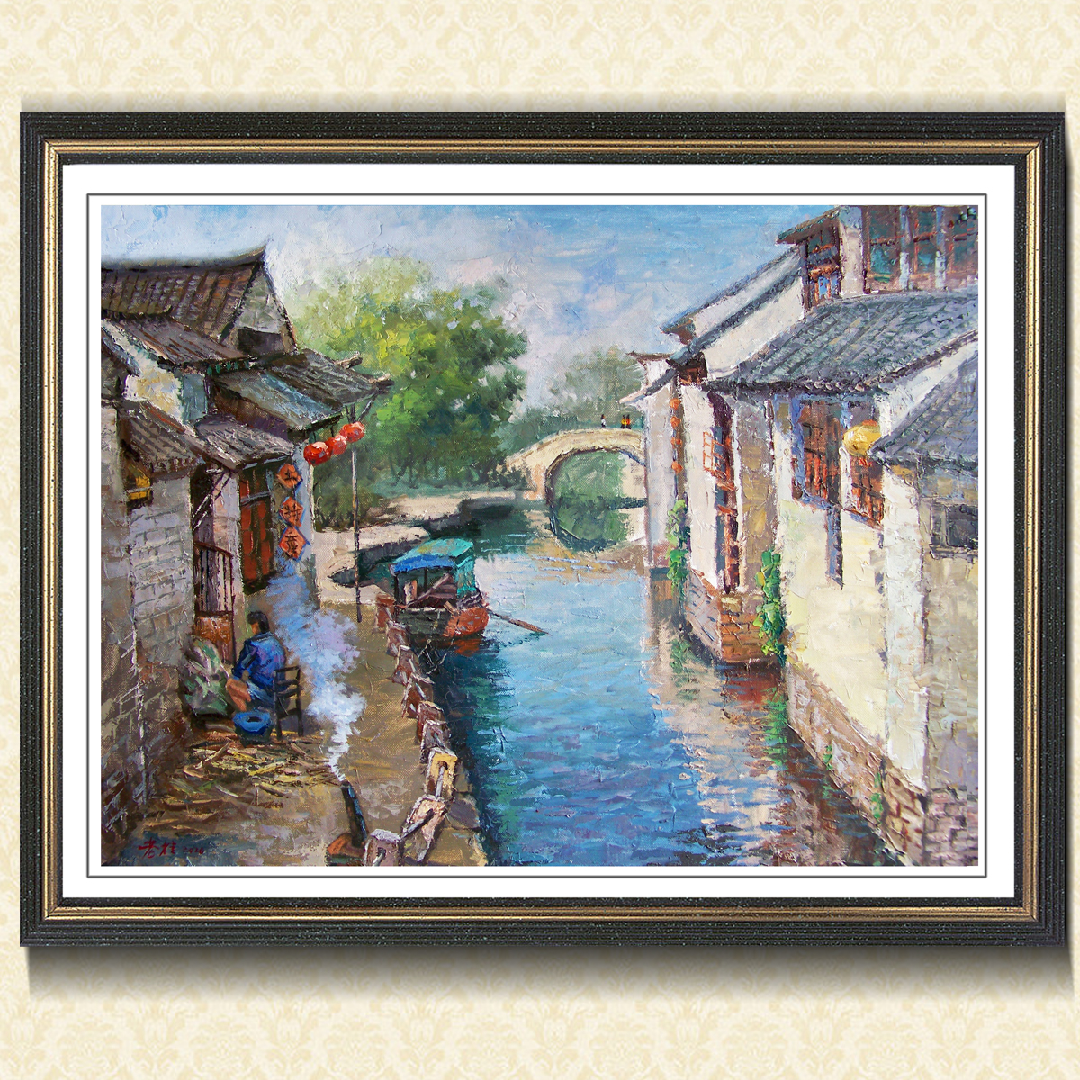 古典当代名家油画静物原创纯手绘学院派写生风景画《水乡炊烟》