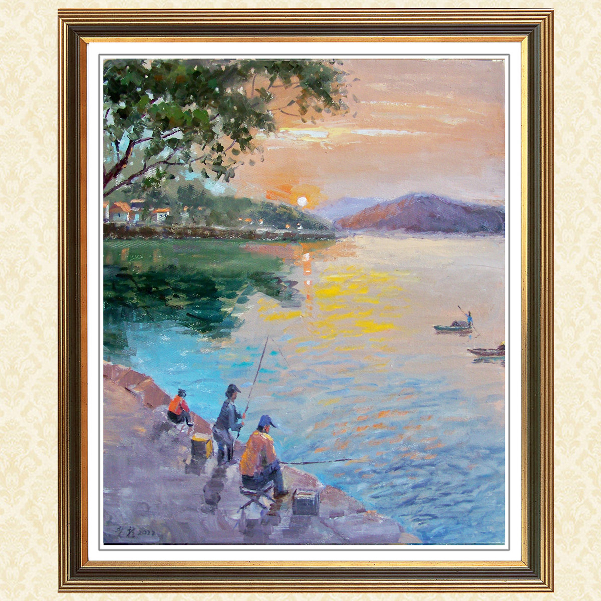 油画手绘风景写实抽象原创印象派美院客厅装饰写生《垂钓夕阳边》