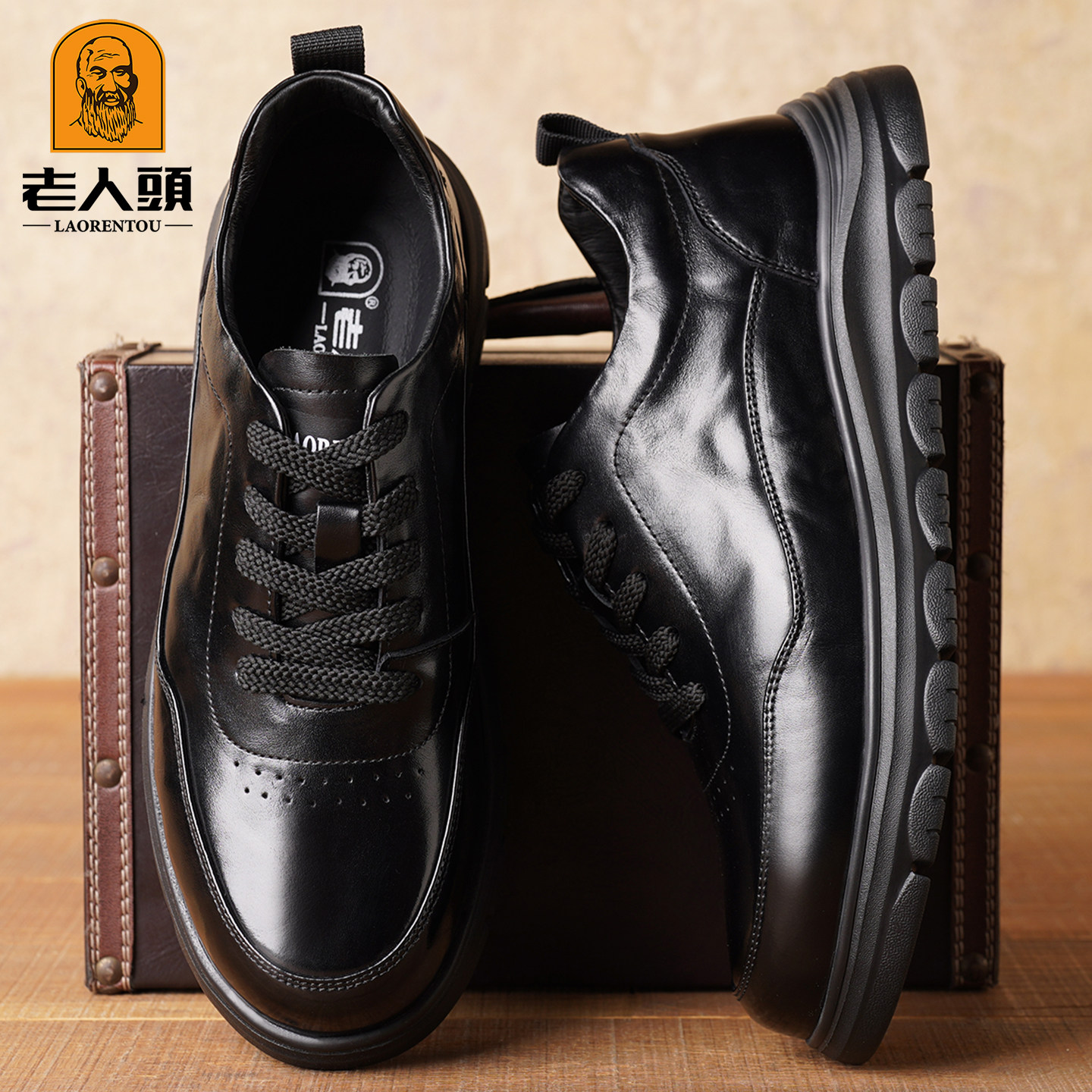 老人头男鞋真皮透气春季新款男士运动皮鞋百搭厚底舒适商务休闲鞋