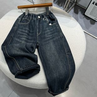 老爹裤 儿童一体绒加厚保暖休闲长裤 潮 2025冬装 男童加绒牛仔萝卜裤