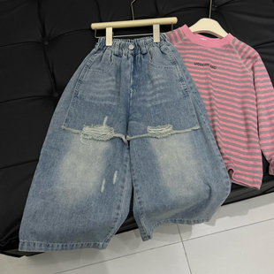 阔腿裤 男童假两件牛仔裤 长裤 儿童宽松洋气拼接破洞直筒裤 2026春装